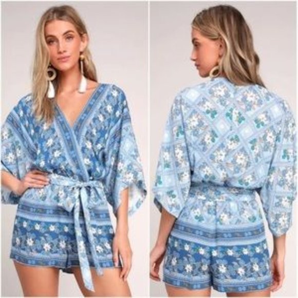 Lulus Dominica Blue Floral Print Surplice Romper S - Picture 2 of 12